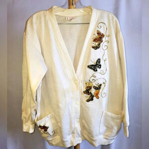 Vintage White Sweater with Glitter Butterflies  Pockets Medium